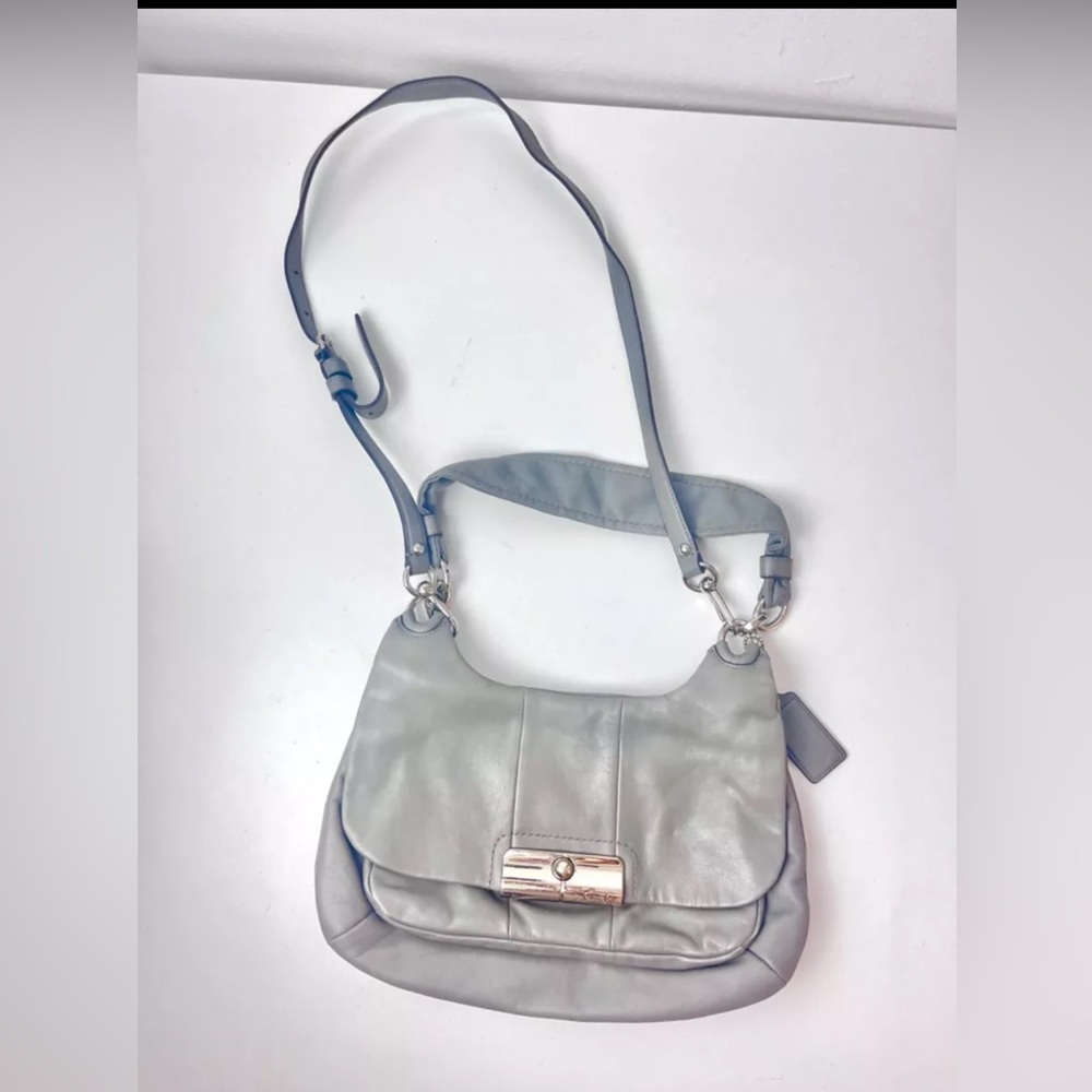 Coach Leather Handbag - Light Gray, Crossbody Bag, Blue Satin Interior